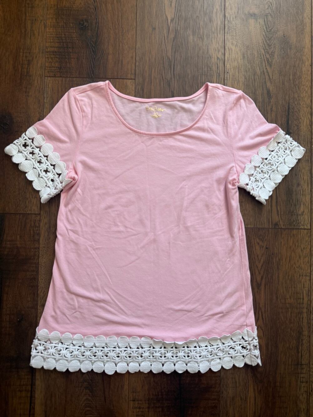 Lilly Pulitzer Hayes Pink Crochet Trim Pima Cotton Preppy Top XS